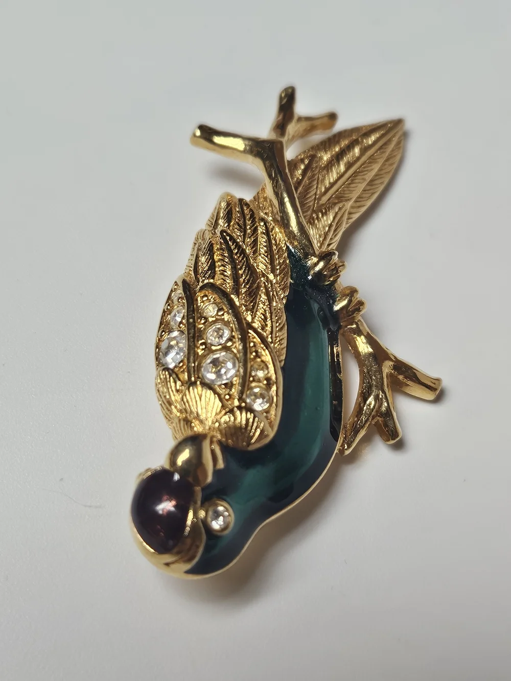 Avon Gold-Tone Parrot Brooch with Iridescent Teal Enamel and Crystals